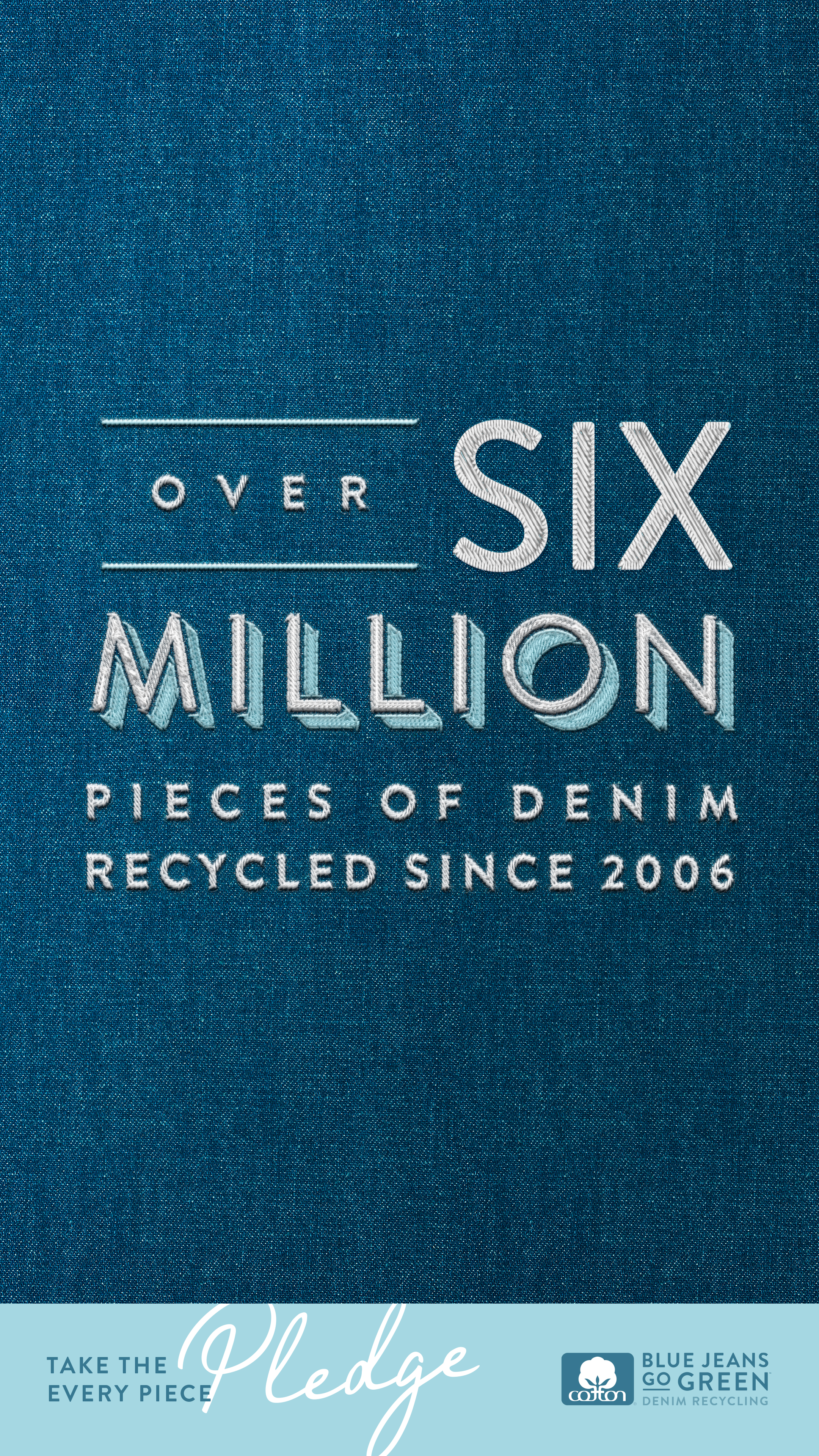 denim background with text that reads, "Over 4.2 million pieces of denim recycled since 2006"